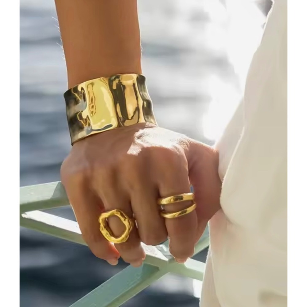 Hammered Gold Statement Cuff Bracelet‎ Wide Textured Open Bangle Women Jewelry